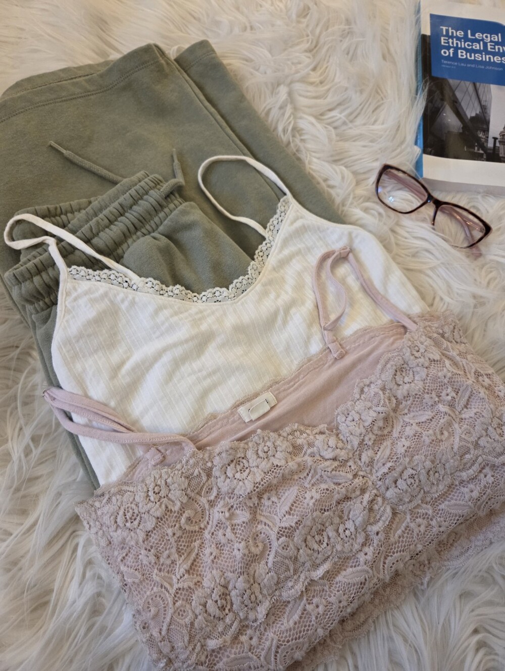 Lace Bralette & Ribbed Tank Set with Olive Wide Leg Joggers